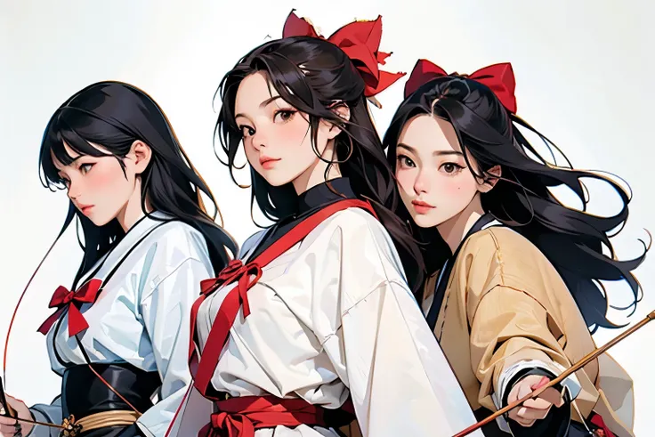 (Perfect Face,Arafe illustration of three women in different clothes)、(Girls standing in line)、beautiful girl, (Holding a bow in his left hand:1.2), longbow, (Holding an arrow:1.2), (kaburaya:1.2), kyudou-hikiwake, Outstretched arms, Black Igote, Deerski...
