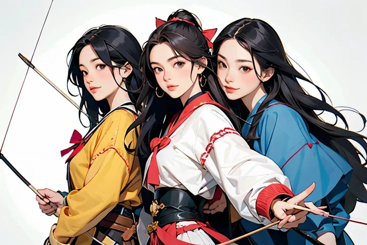 (Perfect Face,Arafe illustration of three women in different clothes)、(Girls standing in line)、beautiful girl, (Holding a bow in his left hand:1.2), longbow, (Holding an arrow:1.2), (kaburaya:1.2), kyudou-hikiwake, Outstretched arms, Black Igote, Deerski...