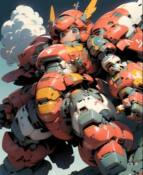 (((1 chibi girl in large red-colored robot costume, from below))), (holding weapons), (chibi), (bulky:1.8), (((helmet:1.5))), la...