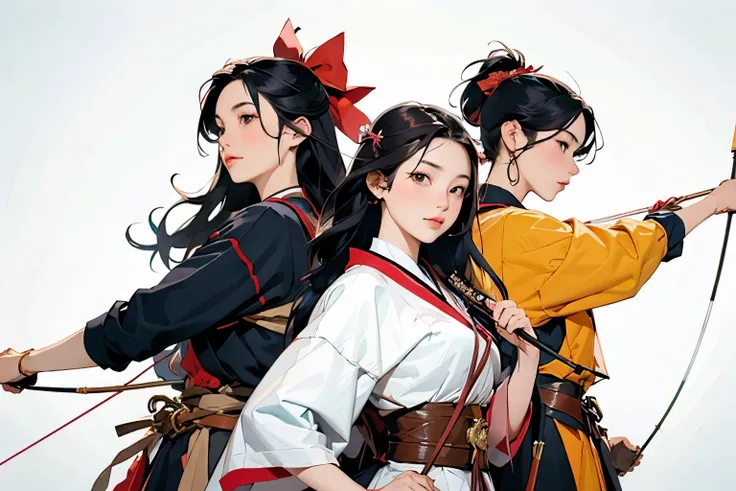 (perfect face,arafe illustration of three women in different clothes)、(girls standing in line)、beautiful girl,   (holding a bow ...