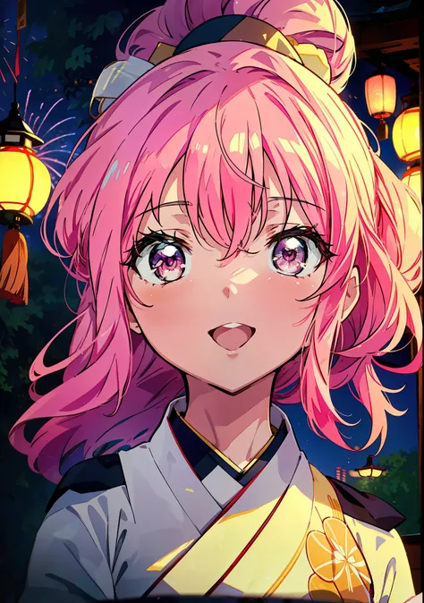 louise françoise le brun from la v全てiere,pink hair,pink eyes,long hair,ponytail,hair ornaments,happy smile, smile, open your mou...