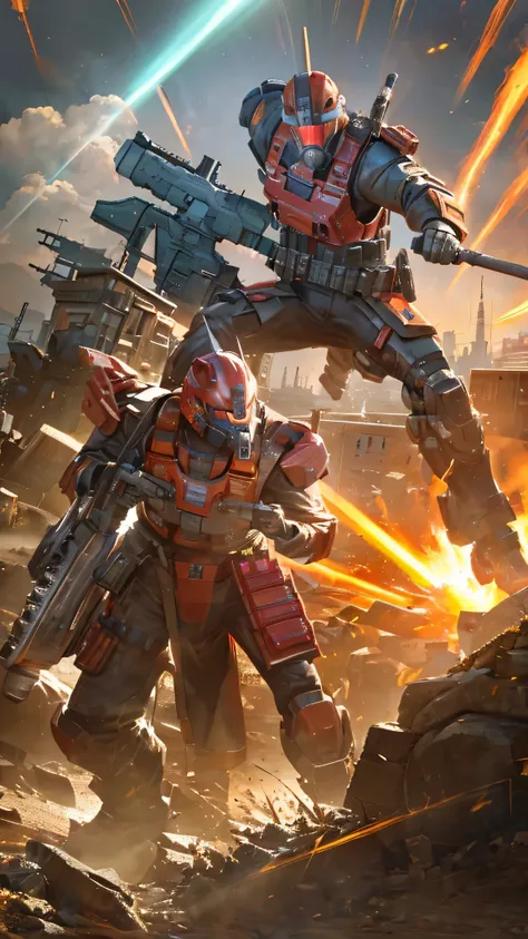 最high quality、Best image quality、masterpiece、Giant Mecha((humanoid、Railgun、Bulletproof vest、Jetpack、Red visor、Run、Chainsaw,Full of wounds,gas mask、Gold Color、Fighting Pose、Muscular)）high quality、Beautiful art、background((City、explosion、Smokescreen)),Tablet...