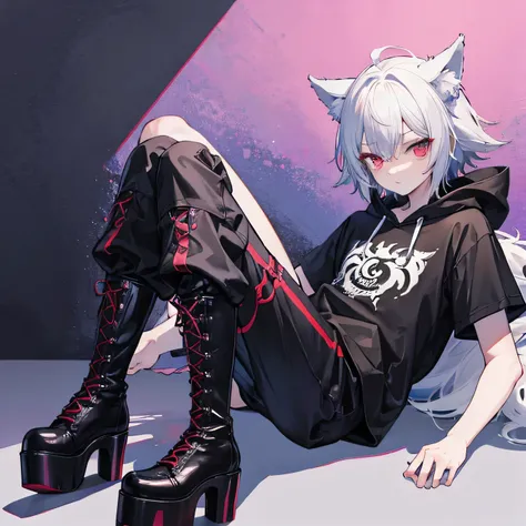 alone,whole body,Shota,Beastman,Wolf,Short sleeve hoodie,pants,
Lace-up long boots,Platform heels