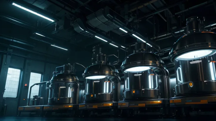 a futuristic laboratory with large capsules storing vapors, complex technology, metal tanks, industrial atmosphere, advanced machinery, glowing lights, intricate details, cinematic lighting, dynamic composition, moody colors, dramatic shadows, (best qualit...