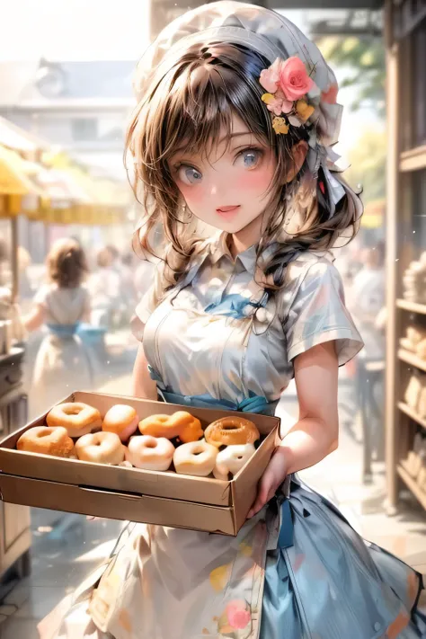 Fast Food Worker, at fastfood donuts shop, beautiful cute young lady is holding a paper box neatly packed with donuts them as a waitress, 1girl, standing, smile, food, gloves, waitress apron uniform, solo, holding, red gloves, hat, open mouth, :d, blurry b...