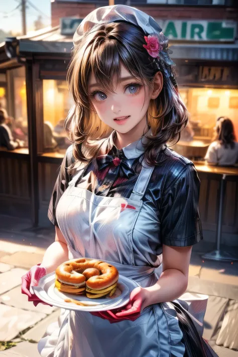 Fast Food Worker, at fastfood donuts shop, beautiful cute young lady is holding a paper box neatly packed with donuts them as a waitress, 1girl, standing, smile, food, gloves, waitress apron uniform, solo, holding, red gloves, hat, open mouth, :d, blurry b...