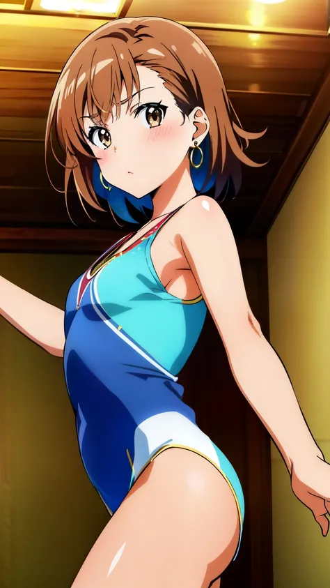 (masterpiece, best quality, 8k:1.2),(anime:1.1), misaka_mikoto, brown hair, short hair, hairpin, small breasts, 1girl, (rhythmic gymnastics,Blushing, Dance room, earrings), cowboy shot, looking at viewer,