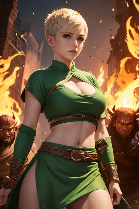 Woman, Blonde Hair, Very Short HAir, (Hair Shaved on Sides and Short on top), Large Breasts, Warrior Monk Attire, Green Outfit, ((Fighting Monsters), In Hell, Fire And Flames