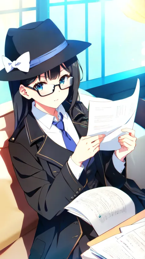 detective girl, anime, masterpiece, best quality, 1 girl ( black trench coat, suit, skirt, fedora, glasses, cross-legged, sittin...