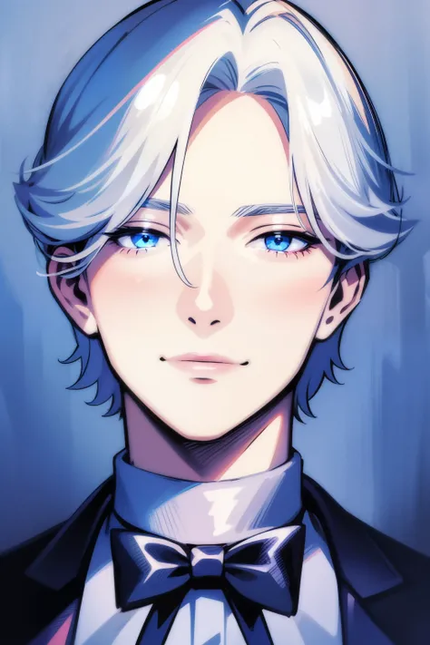 Boy, silver hair, blue eyes, serious sharp features, white skin, cool, handsome, perfect, sweater, formal jacket