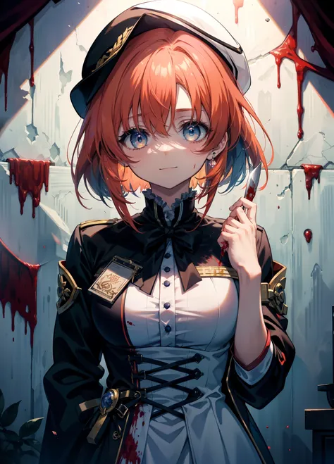 Ryugu Rena, Rena Ryuuguu, Orange Hair, short hair, Hair Blue Eyes, smile, There are still blood stains on the wall,spooky, Dead Eyes,A grinning man holding a Bloodstained knife in one hand.,Bloodstained beret,Bloodstained,Drops of blood,There was blood spl...