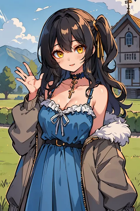 (masterpiece:1.2), (high quality:1.2), hui xiyi, rekkyo sensen, rekkyou sensen, girls with((1girl, solo, black hair, yellow eyes, (wavy medium hair, one side up:1.3), blush, breasts, black choker, cleavage, coat, bare shoulders, collar, collarbone, cowboy ...