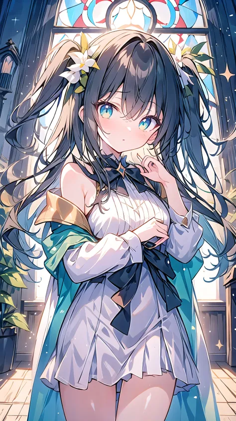 Black Hair Girl, A holy knight in a white robe, (Black and white robes and armor), Emerald Eyes, A church where light shines in, (Stained glass behind:0.9), hair two side up, depth of field, cinematic lighting, sparkle, f/2.8, 35mm, anime, anime style, UHD...