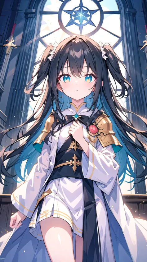 Black Hair Girl, A holy knight in a white robe, (Black and white robes and armor), Emerald Eyes, A church where light shines in, (Stained glass behind:0.9), hair two side up, depth of field, cinematic lighting, sparkle, f/2.8, 35mm, anime, anime style, UHD...