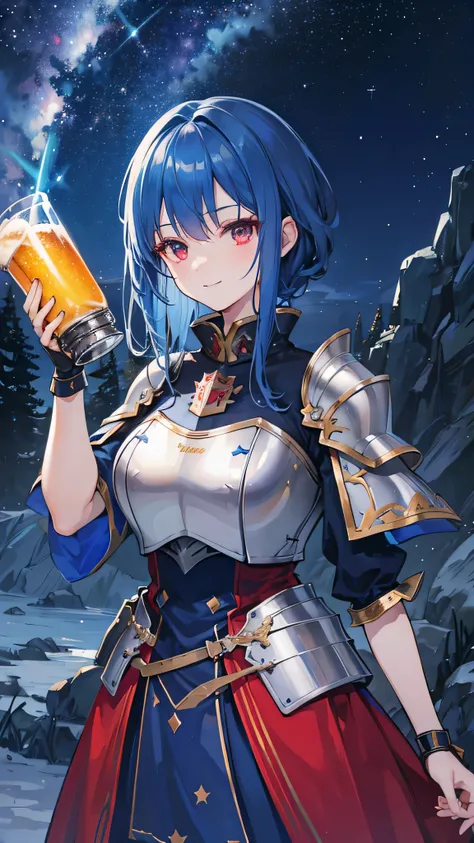 a female knight, deep blue hair, red eyes, armor, holding a beer stein, toasting, smiling, fantasy world, night sky, seven-colored comet, starry night sky, outdoors, fantastical atmosphere, with a shallow depth of field, large tree in distant background, b...