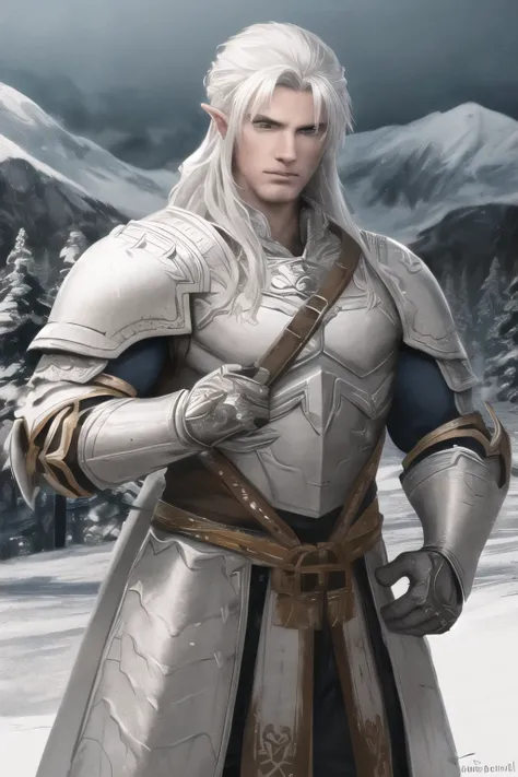 a white orc with bow in hand, snowy mountainous background, looking at camera, closed leather armor, detailed facial features, beautiful detailed eyes, beautiful detailed lips, extremely detailed eyes and face, long eyelashes, muscular armor body, detailed...