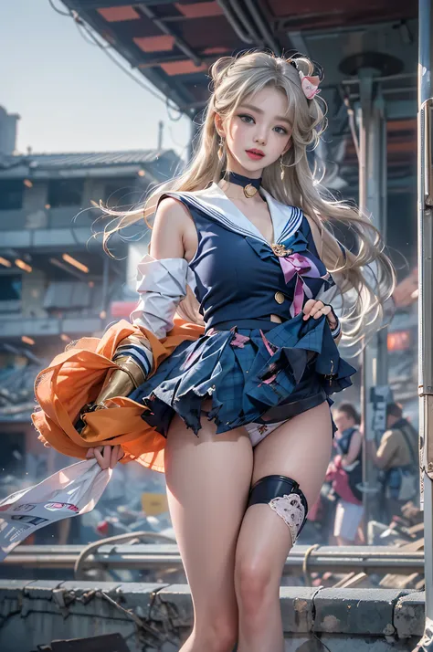 Jennie Blackpink Gorgeous Sheer Blue Short Dress, ​masterpiece, best qualtiy, High resolution, venus1, Yui, (Sailor Senshi Uniform:1.4), sailorvenus, aino minako, Golden white hair, magical , blue eyes, orangeskirt, Elbow length gloves, tiarra, 60% Pleated...