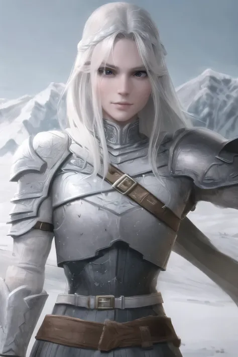 a white orc with bow in hand, snowy mountainous background, looking at camera, closed leather armor, detailed facial features, beautiful detailed eyes, beautiful detailed lips, extremely detailed eyes and face, long eyelashes, detailed clothing textures, d...