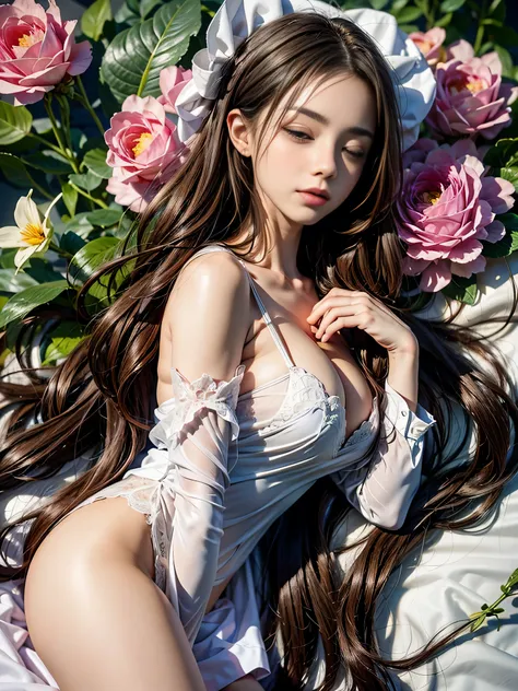 (1girl in:1.3), Cinematic Light,  (masutepiece, of the highest quality, Best Quality,  Beautiful and aesthetic:1.3), ighly detailed,highest details,(Ultra-detailed),, 
From  above,(( lying on bed)), 
Solo, breasts, Silky long hair, (Brown hair), Roses were...