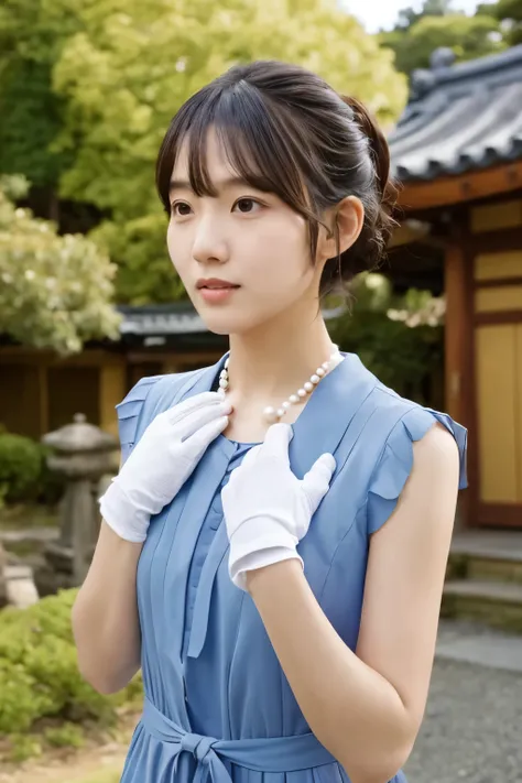 a high-quality, hyper-realistic portrait of a skinny 30-years-old Japanese woman dressed in an elegant, light blue outfit. She has short, neatly styled black short hair. Her attire includes a light blue textured dress with a pearl necklace and a brooch on ...