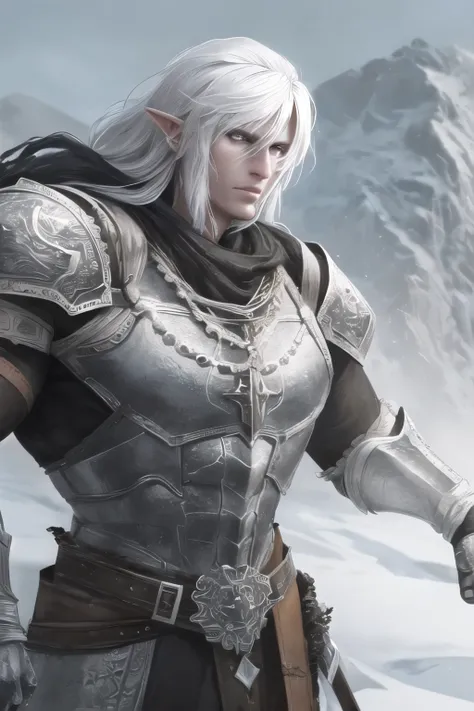 a white orc with bow in hand, snowy mountainous background, looking at camera, leather armor, detailed facial features, beautiful detailed eyes, beautiful detailed lips, extremely detailed eyes and face, long eyelashes, muscular body, detailed clothing tex...