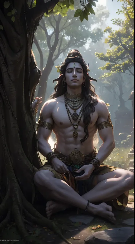 Lord Shiva, meditating under divine tree, wind blowing, sunlight from top angle, little leaf falling from tree, masterpiece, 8k resolution, dynamic lighting, hyper detailed, intricately detailed, trending on Artstation, deep color, Unreal Engine,volumetric...