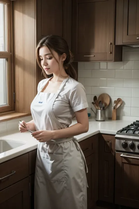 a woman in the kitchen wearing a baker&#39;s outfit making a cake