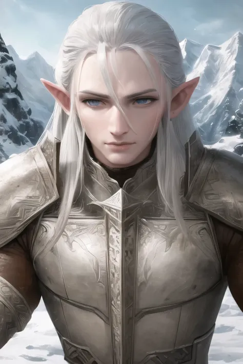 a white orc with bow in hand, snowy mountainous background, looking at camera, leather armor, detailed facial features, beautiful detailed eyes, beautiful detailed lips, extremely detailed eyes and face, long eyelashes, muscular body, detailed clothing tex...