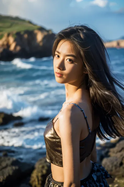 ((Top quality)),((masterpiece)),((very beautiful)), unique light and shadow, A girl, Messy hair, Realistic skin texture, Strong wind, rain, Rocky Shore, stormy sea, Female pose