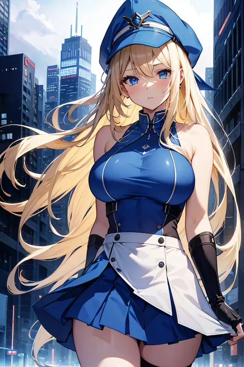 4K,High resolution,One Woman,Blonde,long hair,Blue Eyes,Big Breasts,Wizard,White tight cyber suit,Sleeveless,Blue Skirt,Blue hat,Wizardの杖,City of the Future,Night Sky