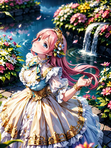 anime moe art style, (masterpiece, ultra detailed, exquisite quality), (((young face solo princess))), (dress topaz dress), (((u...