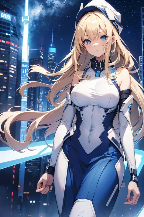 4K,High resolution,One Woman,Blonde,long hair,Blue Eyes,Big Breasts,Wizard,White tight cyber suit,Sleeveless,Blue Skirt,Blue hat,Magic wand,City of the Future,Night Sky