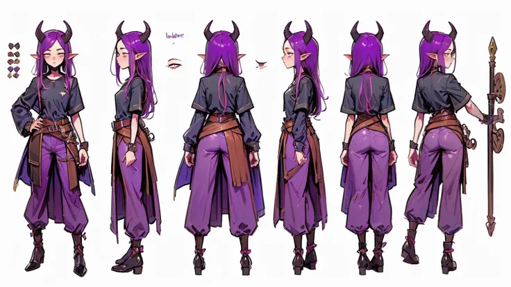 (Masterpiece, best quality), detailed, 1girl, ((character concept art)), ((character design sheet, same character, front, side, back)), many items, (Tiefling Girl, purple hair, purple skin, purple horns, flat chest, in a shirt and pants with a belt, mediev...