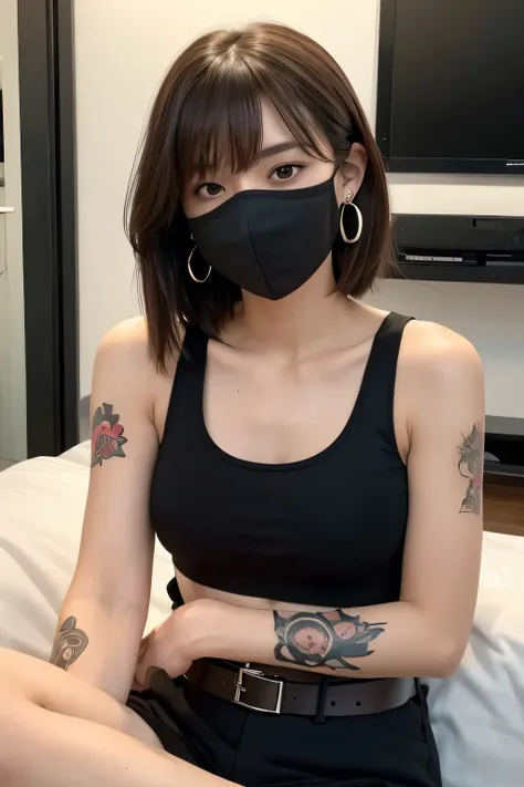 Look into the eyes,　Look at me　Look at me,　Look at me,　Look at me,　Front of face,　Front face,　Cross-legged,　indoor,　Brown Hair,　bangs,　Sweat,　clavicle,　clavicle,　Cross-legged,　Earrings,　Look at me,　Private room,　belt,　tattoo,　tattoo,　Black Mask,　Black Mask...