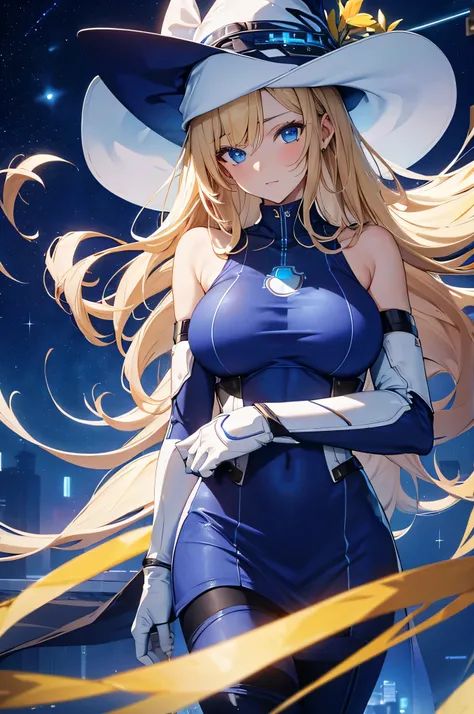 4K,High resolution,One Woman,Blonde,long hair,Blue Eyes,Big Breasts,cyber witch,White tight cyber suit,Sleeveless,Blue Skirt,Blue hat,Magic wand,City of the Future,Night Sky