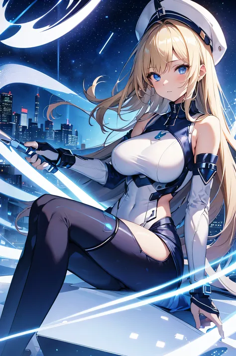 4K,High resolution,One Woman,Blonde,long hair,Blue Eyes,Big Breasts,cyber witch,White tight cyber suit,Sleeveless,Blue Skirt,Blue hat,Magic wand,City of the Future,Night Sky