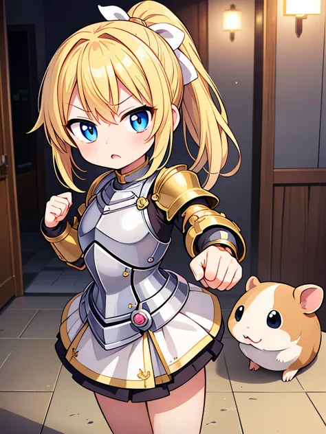 masterpiece, best quality, extremely detailed, anime, (Cute anime style),Girl, blonde, ponytail, short, small, chibi,light armor, (((threatening pose))), holding up hands,(standing guinea pig visible in the background)