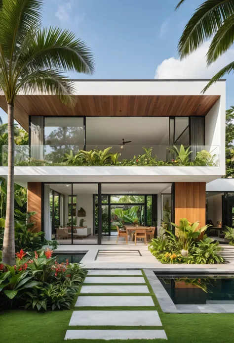 A hyper-realistic image of a modern house with a minimalist design, featuring a combination of wood and white materials. The house has a flat roof, large glass windows, and a balcony with a glass railing. The entrance is flanked by lush greenery and palm t...
