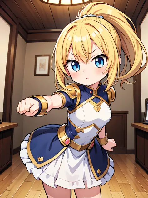 masterpiece, best quality, extremely detailed, anime, (Cute anime style),Girl, blonde, ponytail, short, small, chibi,light armor, (((threatening pose))), holding up hands,(standing big guinea pig visible in the background)