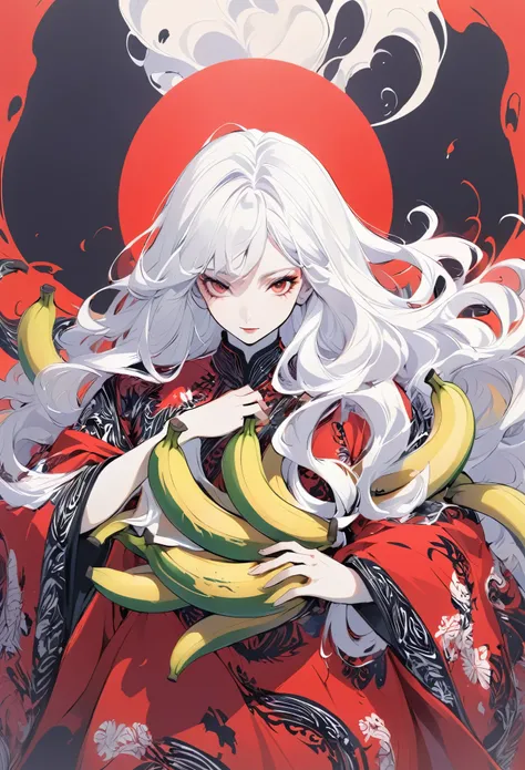 Hand drawn illustrations，Texture Noise，A woman，White long hair，Wearing a red robe with dark patterns，The body is supported by bananas，Strong contrast