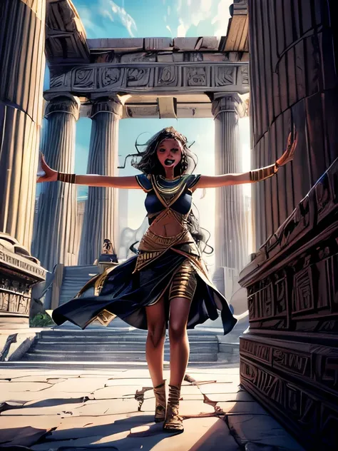 A captivating view of a cute 16 yo female black girl in (Brown skin, green eyes, wavy short black hair, dressed as mummy. Surprised but defiant, (rising from a sarcophagus) in a Egyptian temple. A couple of deadites are praising her. Diagonal view, altive ...