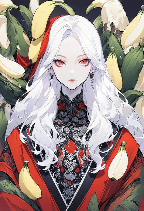 Hand drawn illustrations，Clean background，A woman，White long hair，Wearing a red robe with dark patterns，The body is supported by bananas，Strong contrast