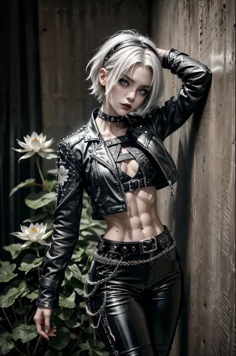 (Detailed illustrations, Very detailed and detailed drawing, Delicate lines with slow and rapid, Realistic texture expression), One woman with very short white hair , ( emo hairstyle ), (hair over one eye), perfecteyes eyes, punk, goth, pale white skin, ev...