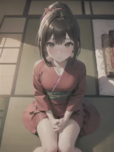 (from above:1.1), upside-down, 1girl, solo, folded, (hands on own thighs:1.2), 
brown eyes, short hair, high ponytail, red kimono, embarrassed, nose blush,
indoor, japanese traditinonal room, on tatami,
masterpiece, high quality, best quality, beautiful, h...