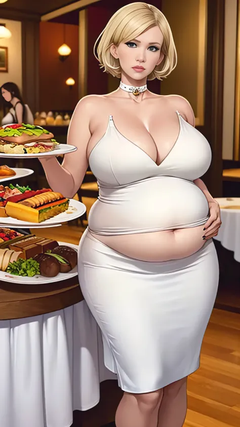 January Jones, masterpiece quality, (masterpiece quality:1.3), detailed, realistic, (realistic:1.3), in a busy restaurant, lots of food in background, food everywhere, buffet table in background, short hair, platinum hair, wearing white dress, (white dress...