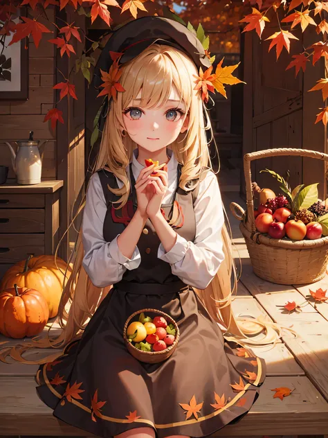 1 girl, Harvest-themed, with autumnal leaves, fruits, and a rich, earthy palette.