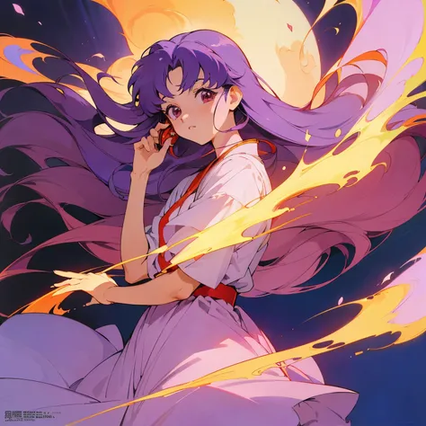 Anime girl wearing headphones and a purple gown，(Old anime, Retro Anime, 90s anime style, Naoko Takeuchi style, masterpiece、Top quality、Top quality、Official Art、Beautiful and generous:1.2)，Vibrant colors，Purple long hair，Soft Light