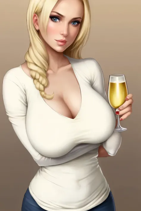 sexy blonde, 30 years old, top figure, big breasts, beautiful neckline in a tight t-shirt, sexy, holding a glass of white wine, gta painted image, GTA style