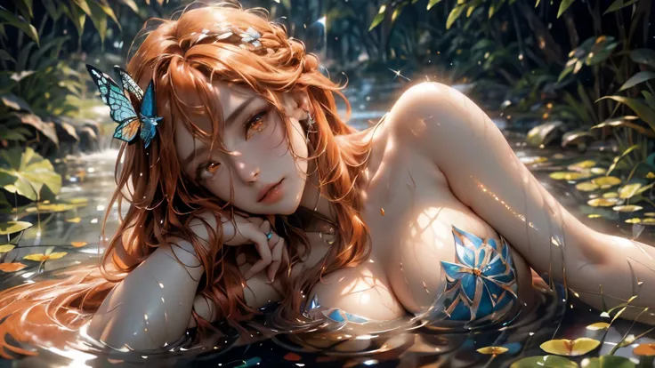 landscape of an woman, landscape of a very beautiful woman,(((cowboy shot))), asuna (Sword Art Online), anime style, (((lie sideaways)))!!, (lie sideaways on the shallow water at by the pond), looks at the camera with beautiful Orange eyes, (Beautiful oran...