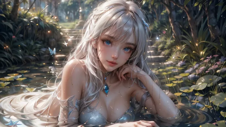 landscape of an woman, landscape of a very beautiful woman,(((cowboy shot))), Nao Tomori/(Charlotte/), anime style, (((lie sideaways)))!!, (lie sideaways on the shallow water at by the pond), looks at the camera with beautiful blue eyes, (Beautiful blue ey...